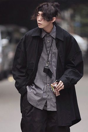 Japanese Retro Striped Long Sleeve Shirt Unisex Oversized Trendy 90s Inspired Casual Wear