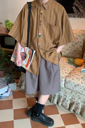 Japanese Retro Vertical Striped Short Sleeve Shirt, Handmade Vintage Embroidered Summer Couple Top, Y2K Niche Design