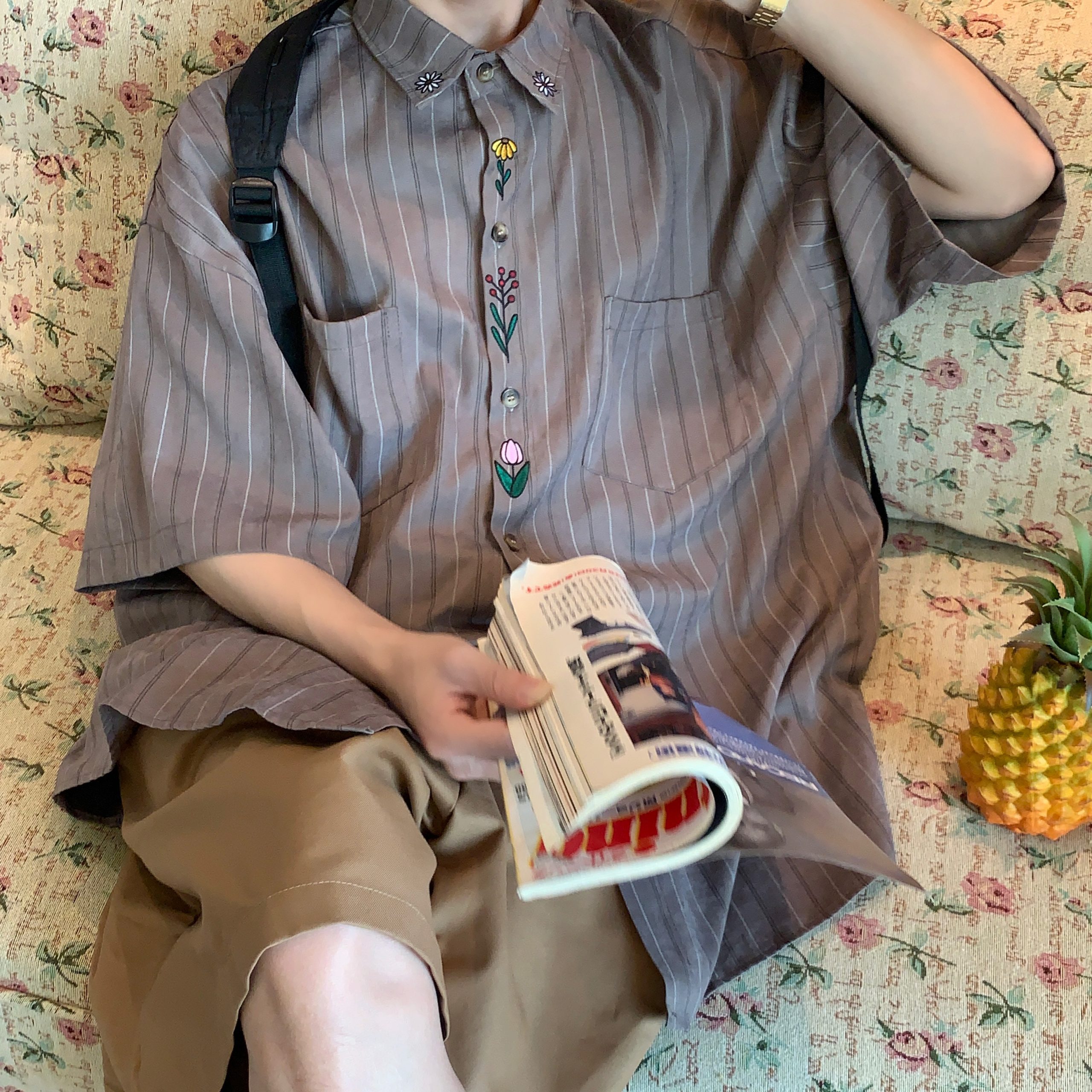 Japanese Retro Vertical Striped Short Sleeve Shirt, Handmade Vintage Embroidered Summer Couple Top, Y2K Niche Design Japanese Retro Vertical Striped Short Sleeve Shirt, Handmade Vintage Embroidered Summer Couple Top, Y2K Niche Design