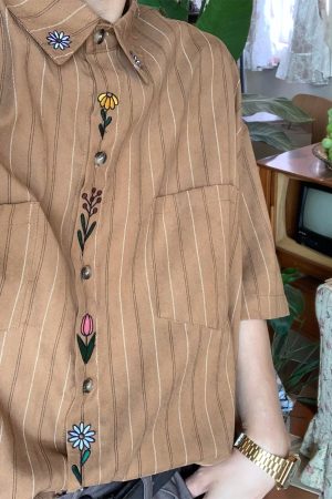 Japanese Retro Vertical Striped Short Sleeve Shirt, Handmade Vintage Embroidered Summer Couple Top, Y2K Niche Design