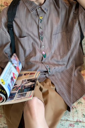 Japanese Retro Vertical Striped Short Sleeve Shirt, Handmade Vintage Embroidered Summer Couple Top, Y2K Niche Design