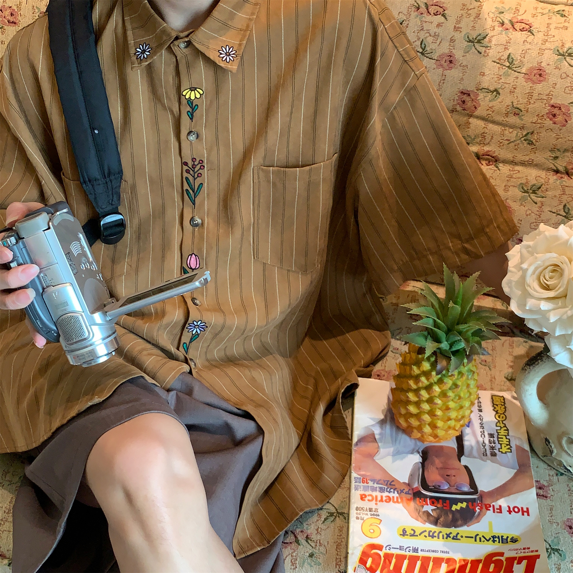 Japanese Retro Vertical Striped Short Sleeve Shirt, Handmade Vintage Embroidered Summer Couple Top, Y2K Niche Design Japanese Retro Vertical Striped Short Sleeve Shirt, Handmade Vintage Embroidered Summer Couple Top, Y2K Niche Design