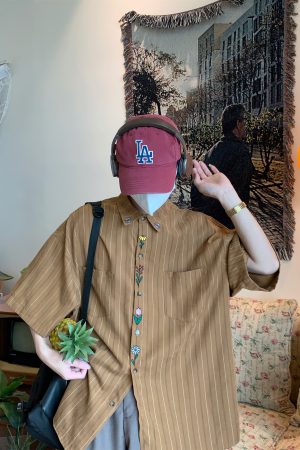 Japanese Retro Vertical Striped Short Sleeve Shirt, Handmade Vintage Embroidered Summer Couple Top, Y2K Niche Design