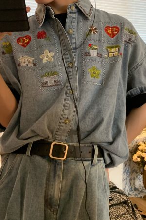 Japanese Retro Vintage Washed Denim Shirt for Summer - Short Sleeve Couple Top - 90s Inspired Fashion
