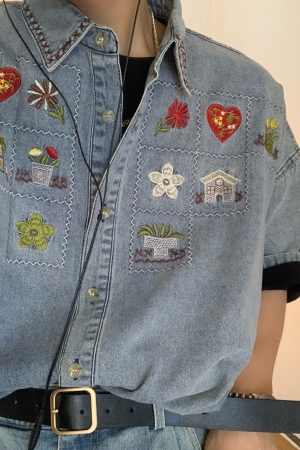 Japanese Retro Vintage Washed Denim Shirt for Summer - Short Sleeve Couple Top - 90s Inspired Fashion