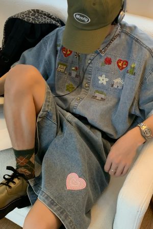 Japanese Retro Vintage Washed Denim Shirt for Summer - Short Sleeve Couple Top - 90s Inspired Fashion