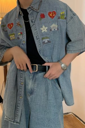 Japanese Retro Vintage Washed Denim Shirt for Summer - Short Sleeve Couple Top - 90s Inspired Fashion