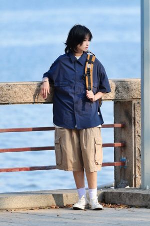 Japanese-Style Checkered Drop Shoulder Short-Sleeve Shirt with Double Pockets - Unisex Youth Jacket for 90s and Y2K Fashion