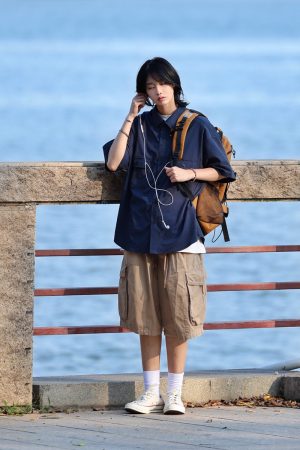 Japanese-Style Checkered Drop Shoulder Short-Sleeve Shirt with Double Pockets - Unisex Youth Jacket for 90s and Y2K Fashion