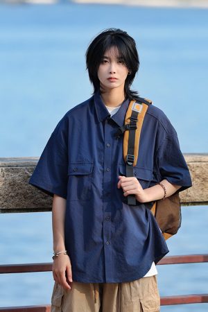 Japanese-Style Checkered Drop Shoulder Short-Sleeve Shirt with Double Pockets - Unisex Youth Jacket for 90s and Y2K Fashion