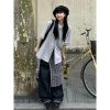 Japanese Style Cuban Collar Short Sleeve Shirt for Women, Summer Plaid Loose Casual Top with Drawstring, College Vibe