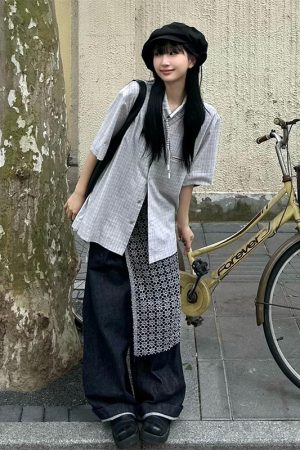 Japanese Style Cuban Collar Short Sleeve Shirt for Women, Summer Plaid Loose Casual Top with Drawstring, College Vibe