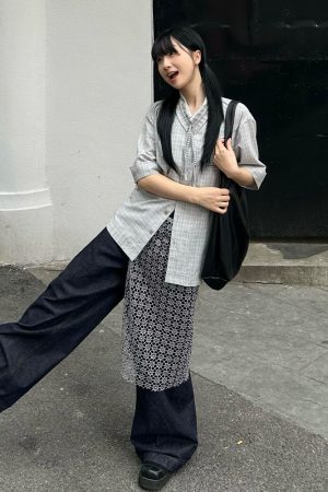 Japanese Style Cuban Collar Short Sleeve Shirt for Women, Summer Plaid Loose Casual Top with Drawstring, College Vibe