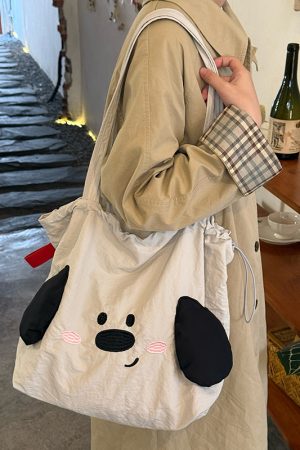 Japanese-Style Cute Big-Eared Dog Shoulder Bag for Women - Large-Capacity Canvas Tote for Students and Commuters