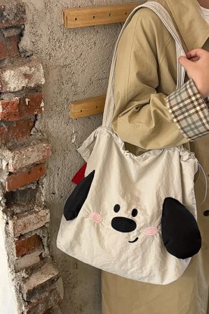 Japanese-Style Cute Big-Eared Dog Shoulder Bag for Women - Large-Capacity Canvas Tote for Students and Commuters