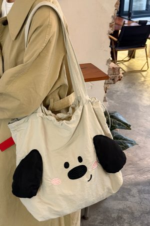 Japanese-Style Cute Big-Eared Dog Shoulder Bag for Women - Large-Capacity Canvas Tote for Students and Commuters