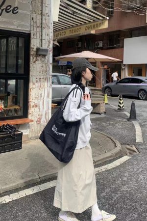 Japanese-Style Large Capacity Denim Canvas Tote Bag - Retro Minimalist Letter Design for Shopping & Commuting