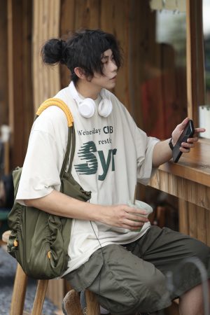 Japanese-Style Letter Print Heavyweight Round Neck Short Sleeve T-Shirt for Men - Loose Versatile Summer Tee