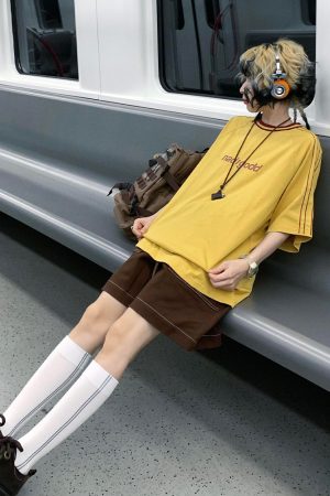 Japanese-Style Loose Short Sleeve Women's Color-Blocking Letter Print Raglan T-Shirt - Casual Summer Top