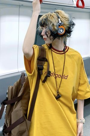 Japanese-Style Loose Short Sleeve Women's Color-Blocking Letter Print Raglan T-Shirt - Casual Summer Top