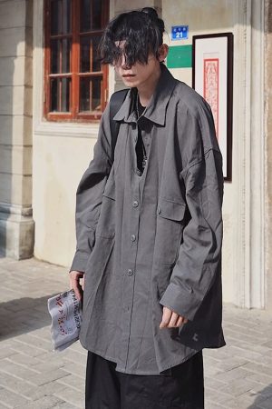 Japanese-Style Oversized Mid-Length Long Sleeve Shirt Jacket for Men - Casual 90s Inspired Fashion