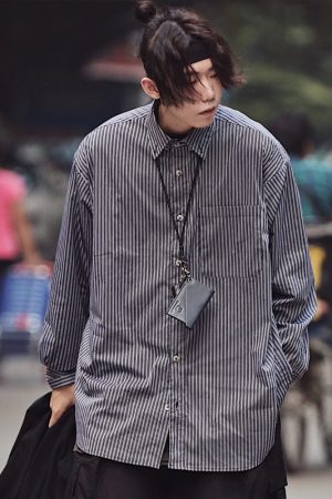 Japanese-Style Oversized Mid-Length Long Sleeve Shirt Jacket for Men - Casual 90s Inspired Fashion