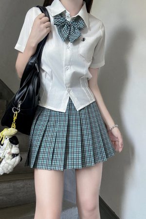 Japanese Style Pleated JK Skirt - Women's High Waist Slim Short Skirt, Luo Yan Pudding Bear Design, Y2K Aesthetic