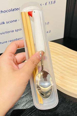 Japanese-Style Portable Wooden Chopsticks and 304 Stainless Steel Spoon Set - Cute Tableware for Cafeteria and Outdoor Dining