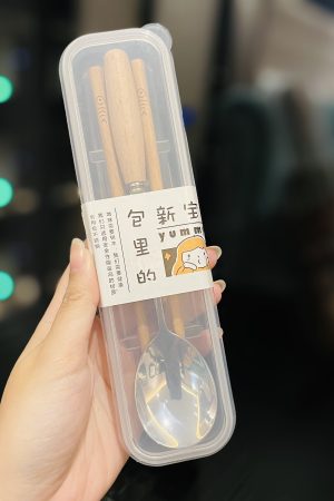 Japanese-Style Portable Wooden Chopsticks and 304 Stainless Steel Spoon Set - Cute Tableware for Cafeteria and Outdoor Dining