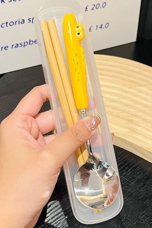 Japanese-Style Portable Wooden Chopsticks and 304 Stainless Steel Spoon Set - Cute Tableware for Cafeteria and Outdoor Dining