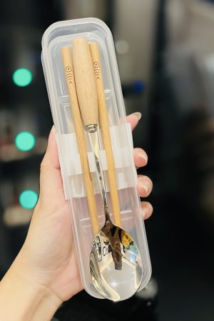 Japanese-Style Portable Wooden Chopsticks and 304 Stainless Steel Spoon Set - Cute Tableware for Cafeteria and Outdoor Dining