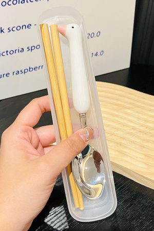 Japanese-Style Portable Wooden Chopsticks and 304 Stainless Steel Spoon Set - Cute Tableware for Cafeteria and Outdoor Dining