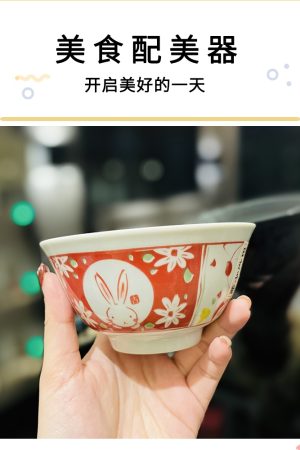 Japanese-Style Rabbit Ceramic Rice Bowl Set - 4.5-Inch Underglaze Ramen Hat Tableware for New Year Gift