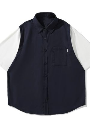 Japanese-Style Retro Fake Two-Piece Short Sleeve Shirt for Men and Women - Summer Loose Youth Couple Trendy Top