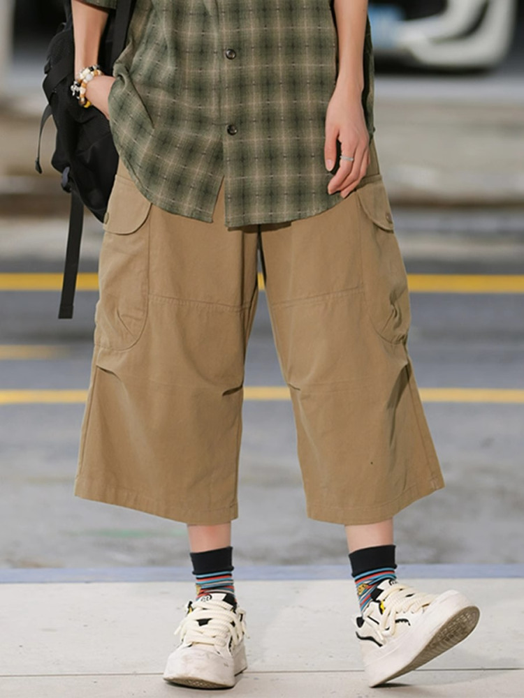 Japanese-Style Retro Loose Pocket Work Pants for Men and Women, Summer Street Fashion Casual Wide-Leg Cropped Trousers Japanese-Style Retro Loose Pocket Work Pants for Men and Women, Summer Street Fashion Casual Wide-Leg Cropped Trousers