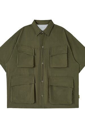 Japanese-Style Retro Multi-Pocket Short Sleeve Shirt Jacket for Men - Summer Casual Loose Fit Trendy Workwear