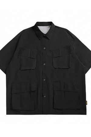 Japanese-Style Retro Multi-Pocket Short Sleeve Shirt Jacket for Men - Summer Casual Loose Fit Trendy Workwear