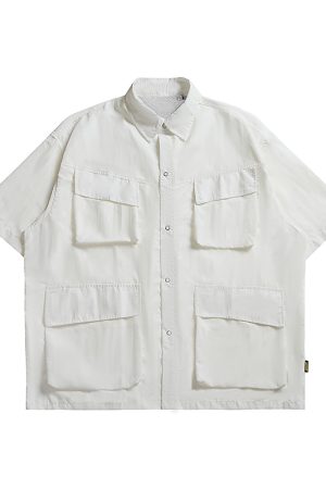 Japanese-Style Retro Multi-Pocket Short Sleeve Shirt Jacket for Men - Summer Casual Loose Fit Trendy Workwear