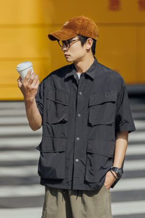 Japanese-Style Retro Multi-Pocket Short Sleeve Shirt Jacket for Men - Summer Casual Loose Fit Trendy Workwear