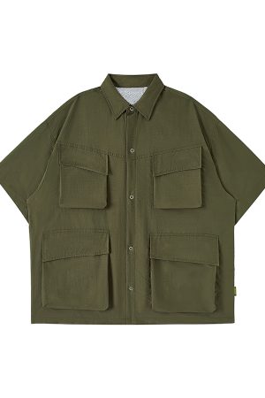 Japanese-Style Retro Multi-Pocket Short Sleeve Shirt Jacket for Men - Summer Casual Loose Fit Trendy Workwear