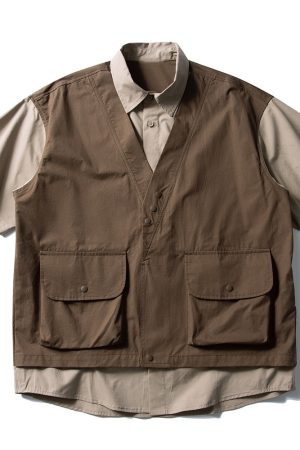 Japanese-Style Retro Patchwork Fake Two-Piece Color-Block Short Sleeve Shirt for Men and Women, Summer Casual Trend