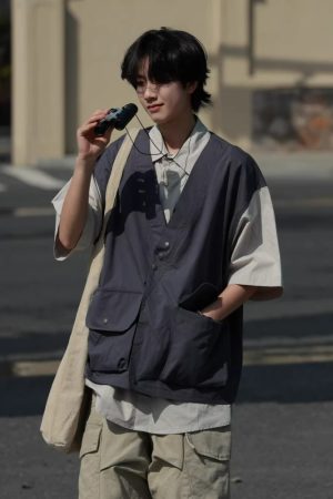 Japanese-Style Retro Patchwork Fake Two-Piece Color-Block Short Sleeve Shirt for Men and Women, Summer Casual Trend