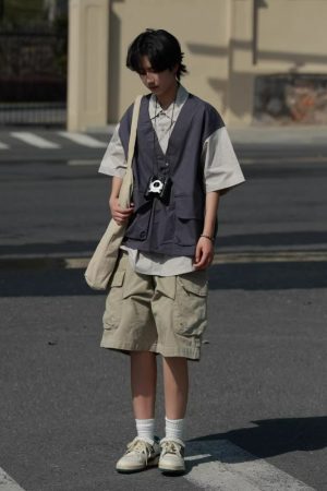 Japanese-Style Retro Patchwork Fake Two-Piece Color-Block Short Sleeve Shirt for Men and Women, Summer Casual Trend