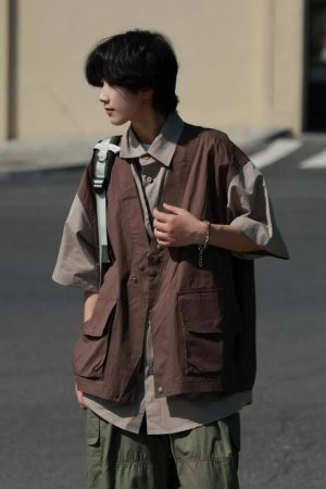 Japanese-Style Retro Patchwork Fake Two-Piece Color-Block Short Sleeve Shirt for Men and Women, Summer Casual Trend