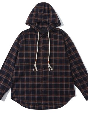Japanese-Style Retro Plaid Hooded Long Sleeve Shirt for Men and Women - Casual College Trendy Jacket for Spring and Autumn