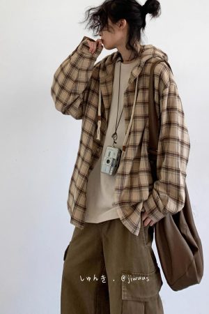 Japanese-Style Retro Plaid Hooded Long Sleeve Shirt for Men and Women - Casual College Trendy Jacket for Spring and Autumn