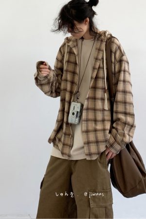 Japanese-Style Retro Plaid Hooded Long Sleeve Shirt for Men and Women - Casual College Trendy Jacket for Spring and Autumn