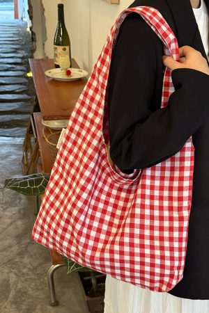 Japanese-Style Retro Red Checkered Canvas Tote Bag for Women, 2025 Commuter Shoulder Bag, Y2K Lazy Style Student Purse