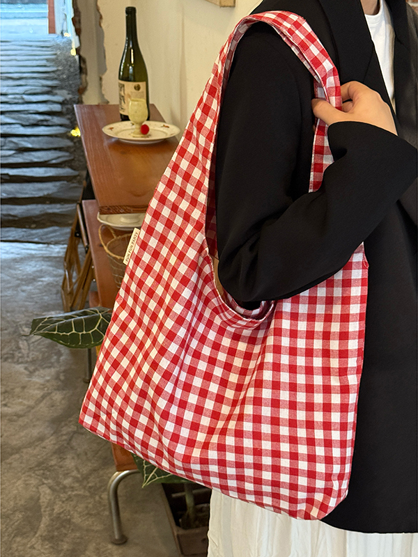 Japanese-Style Retro Red Checkered Canvas Tote Bag for Women, 2025 Commuter Shoulder Bag, Y2K Lazy Style Student Purse Japanese-Style Retro Red Checkered Canvas Tote Bag for Women, 2025 Commuter Shoulder Bag, Y2K Lazy Style Student Purse