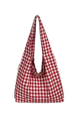 Japanese-Style Retro Red Checkered Canvas Tote Bag for Women, 2025 Commuter Shoulder Bag, Y2K Lazy Style Student Purse